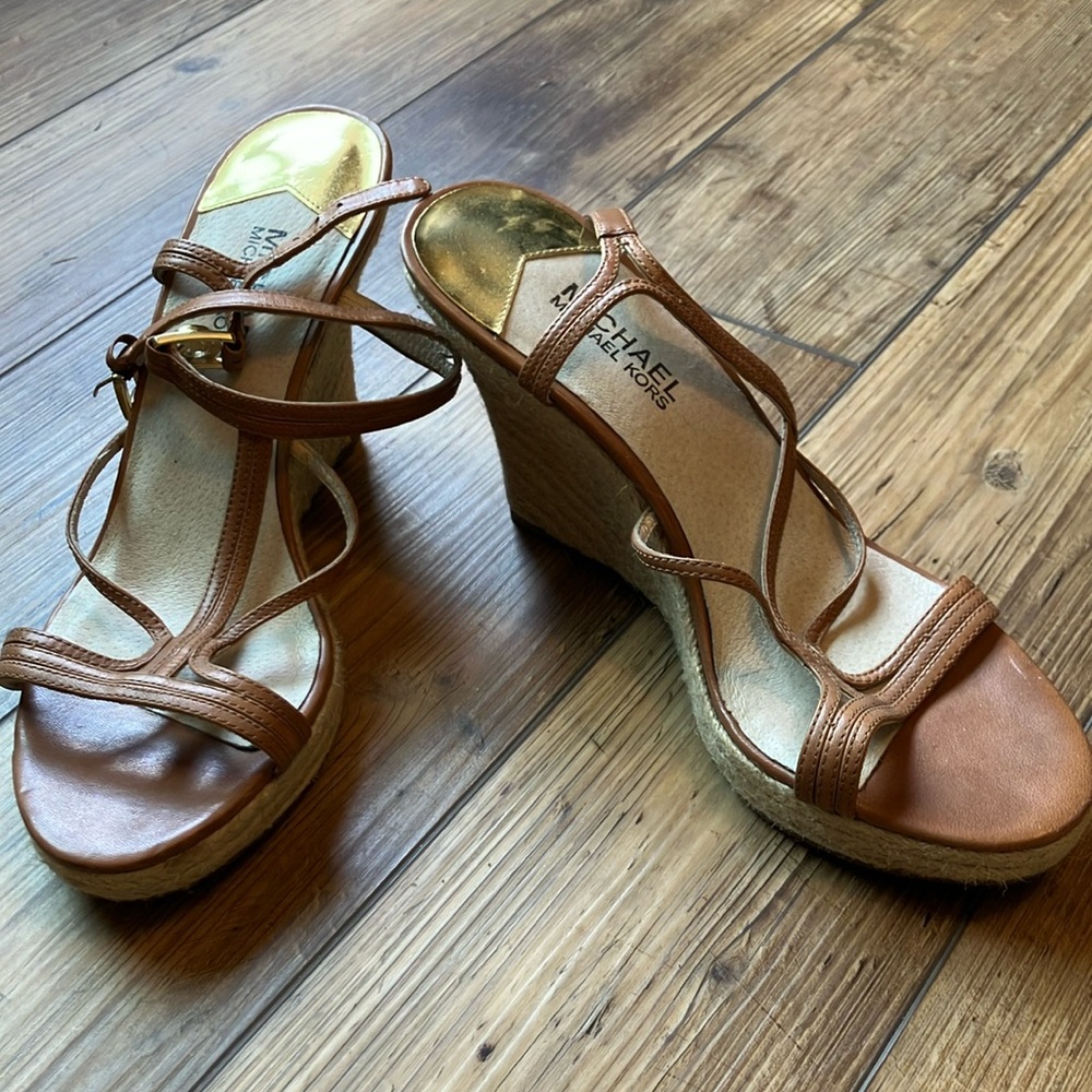 Michael Kors Tan Leather Wedge Sandals